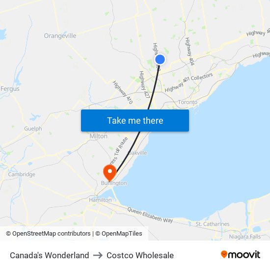 Canada's Wonderland to Costco Wholesale map