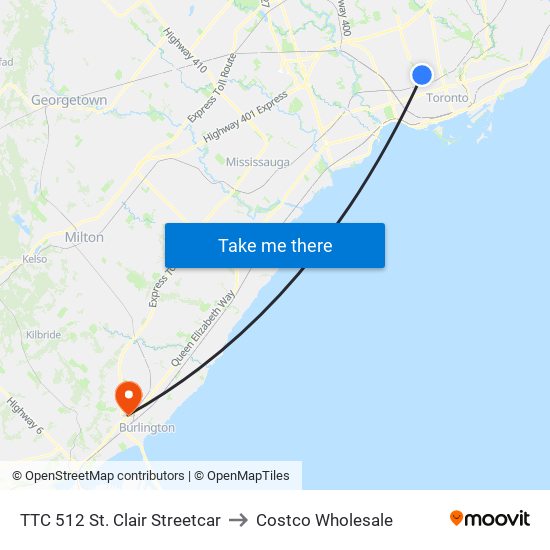 TTC 512 St. Clair Streetcar to Costco Wholesale map