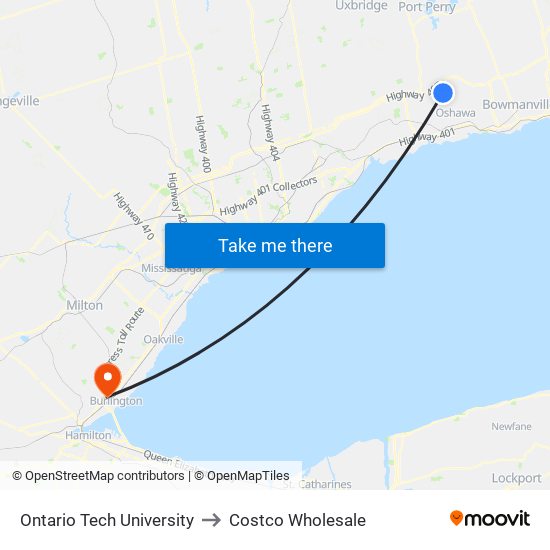 Ontario Tech University to Costco Wholesale map