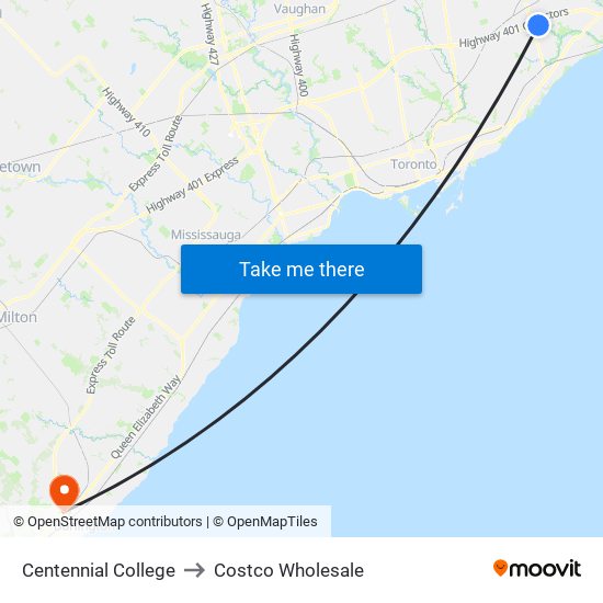 Centennial College to Costco Wholesale map