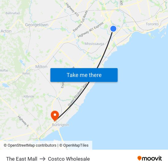 The East Mall to Costco Wholesale map