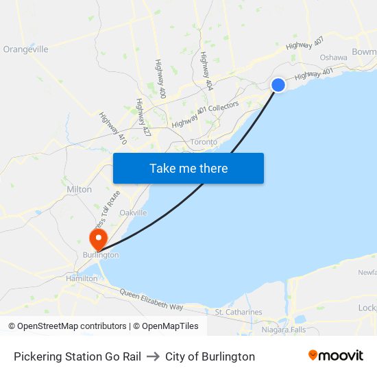 Pickering Station Go Rail to City of Burlington map