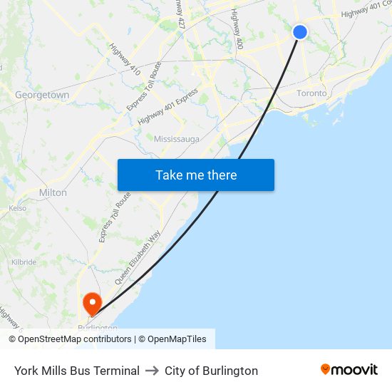 York Mills Bus Terminal to City of Burlington map