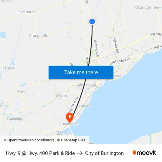 Hwy. 9 @ Hwy. 400 Park & Ride to City of Burlington map