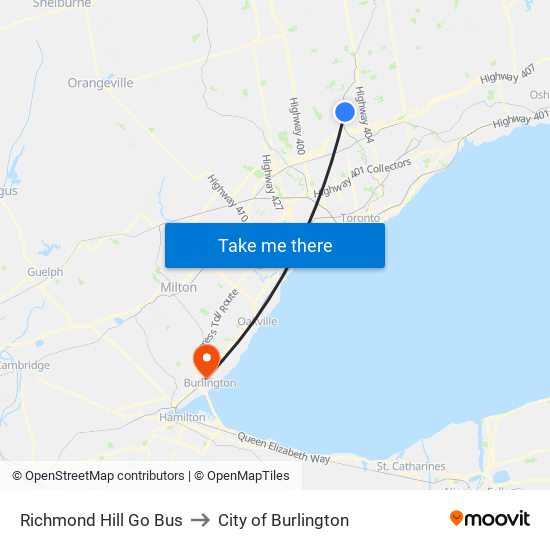 Richmond Hill Go Bus to City of Burlington map
