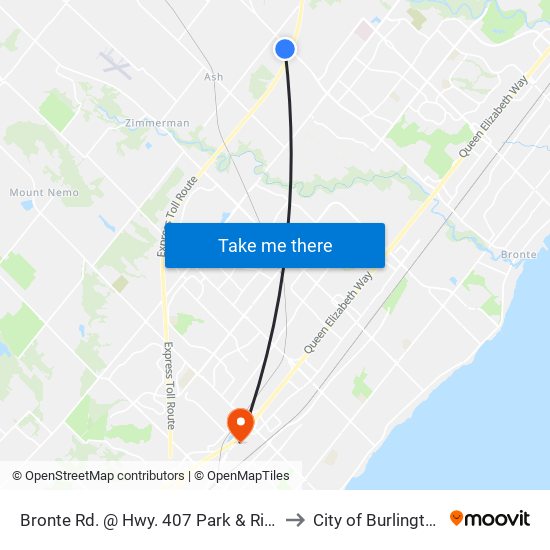 Bronte Rd. @ Hwy. 407 Park & Ride to City of Burlington map