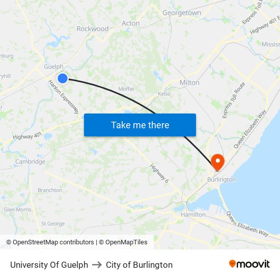 University Of Guelph to City of Burlington map