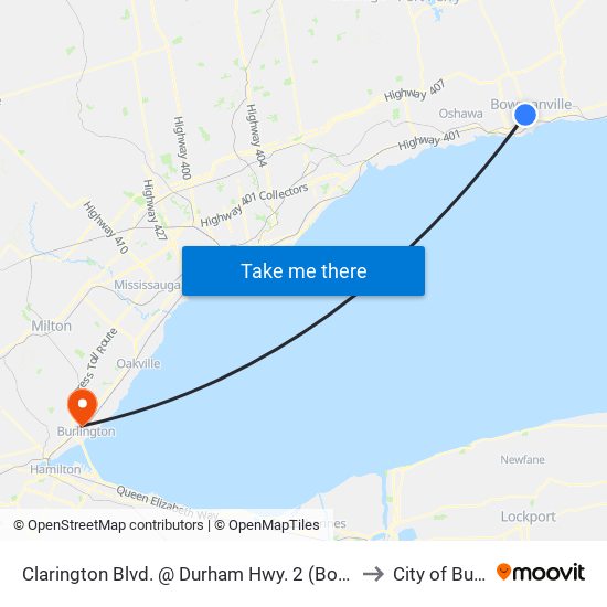 Clarington Blvd. @ Durham Hwy. 2 (Bowmanville) Park & Ride to City of Burlington map