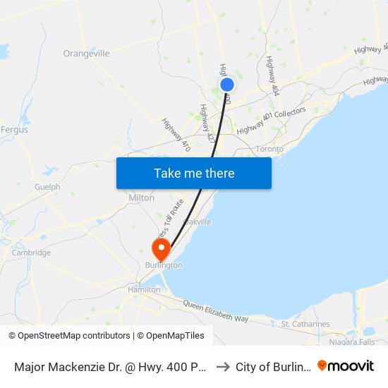 Major Mackenzie Dr. @ Hwy. 400 Park & Ride to City of Burlington map