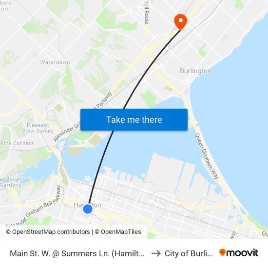 Main St. W. @ Summers Ln. (Hamilton City Hall) to City of Burlington map