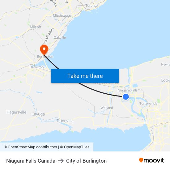 Niagara Falls Canada to City of Burlington map