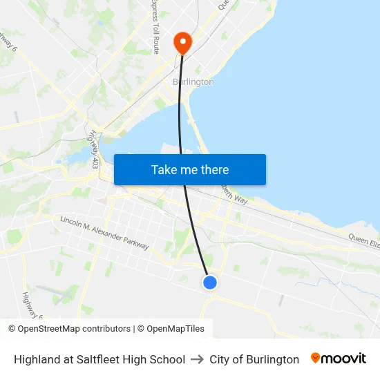 Highland at Saltfleet High School to City of Burlington map