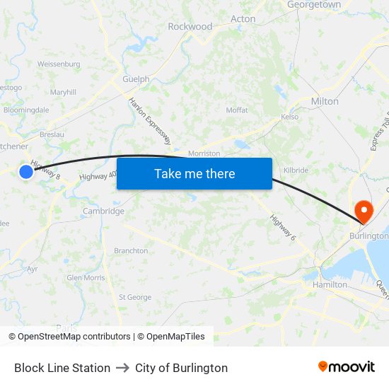 Block Line Station to City of Burlington map