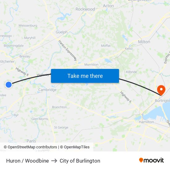 Huron / Woodbine to City of Burlington map