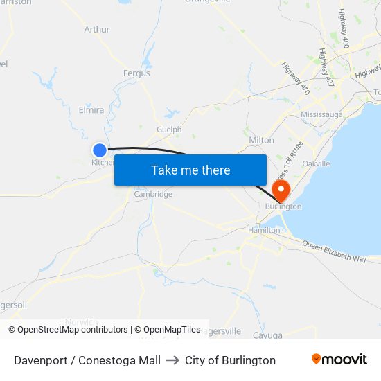 Davenport / Conestoga Mall to City of Burlington map