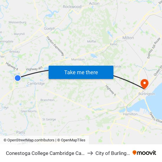 Conestoga College Cambridge Campus to City of Burlington map