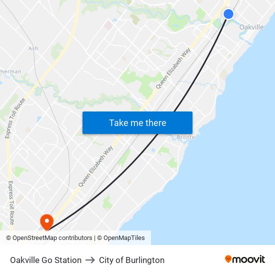 Oakville Go Station to City of Burlington map