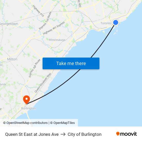 Queen St East at Jones Ave to City of Burlington map