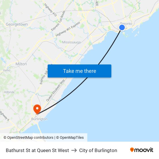 Bathurst St at Queen St West to City of Burlington map