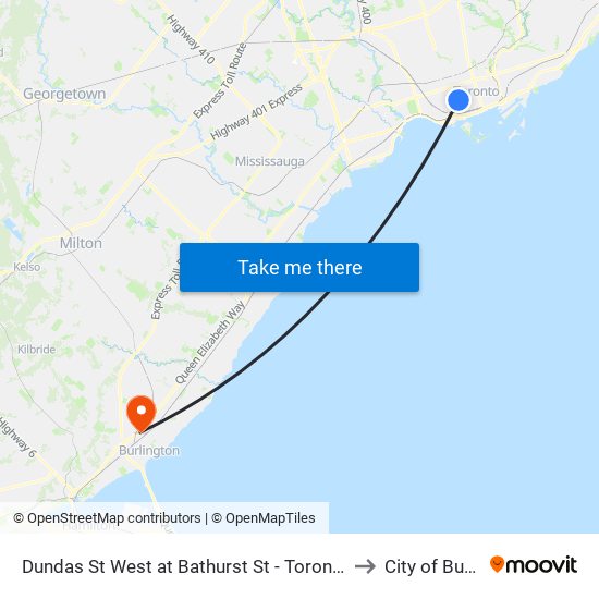 Dundas St West at Bathurst St - Toronto Western Hospital to City of Burlington map