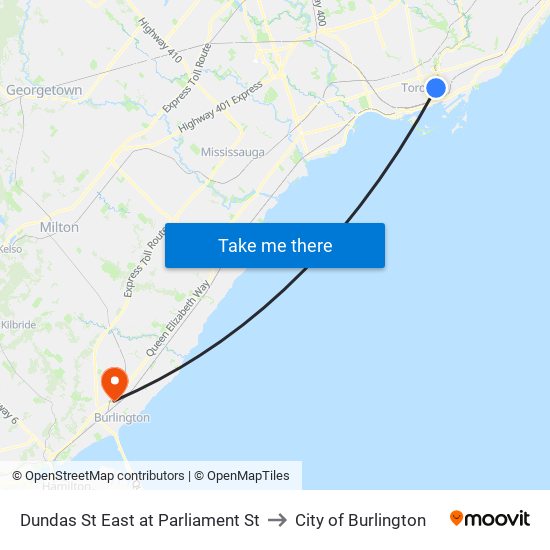 Dundas St East at Parliament St to City of Burlington map