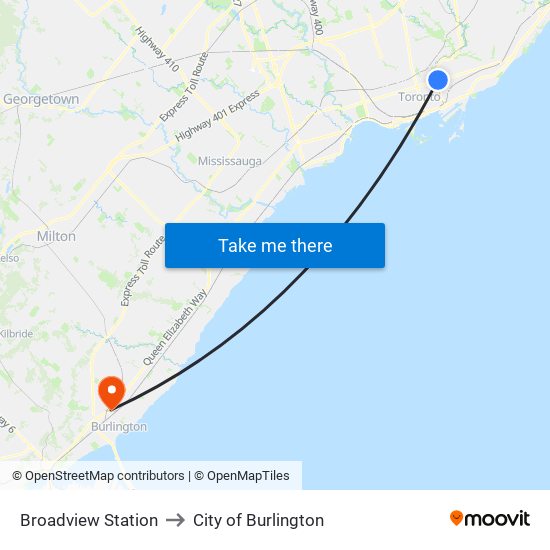 Broadview Station to City of Burlington map
