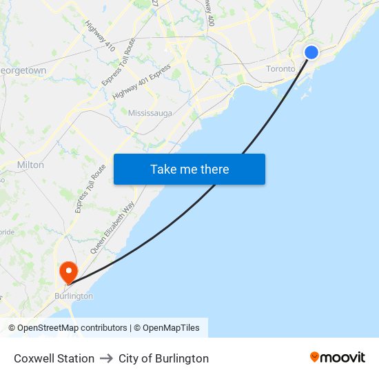 Coxwell Station to City of Burlington map