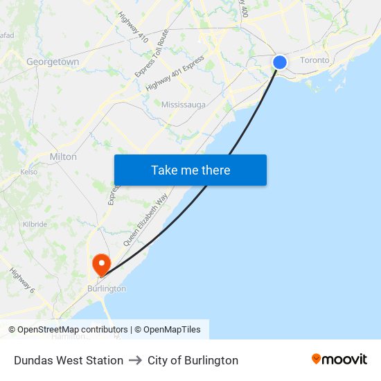 Dundas West Station to City of Burlington map