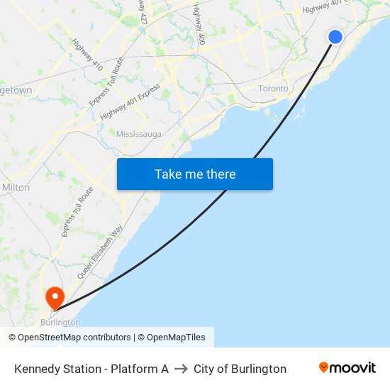 Kennedy Station - Platform A to City of Burlington map