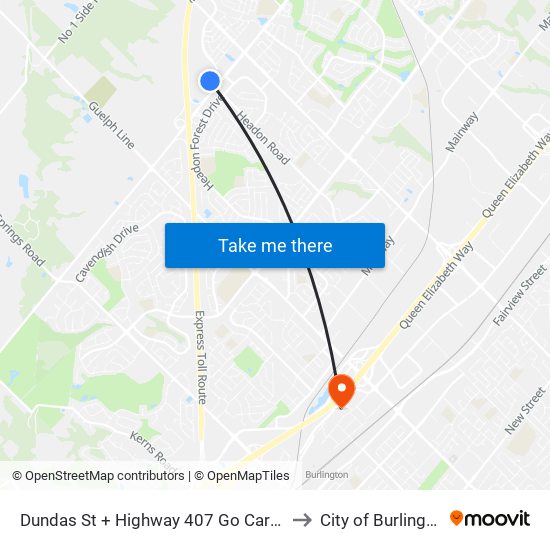 Dundas St + Highway 407 Go Carpool to City of Burlington map