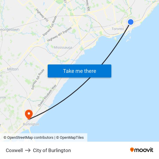 Coxwell to City of Burlington map