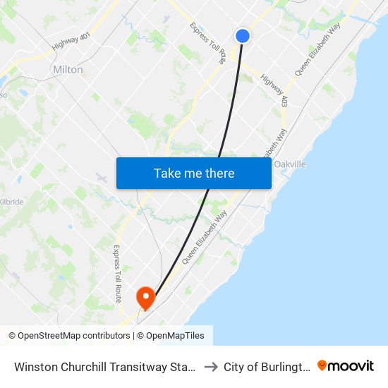 Winston Churchill Transitway Station to City of Burlington map