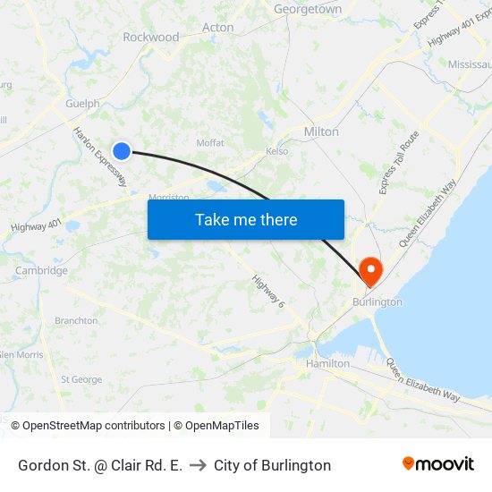 Gordon St. @ Clair Rd. E. to City of Burlington map