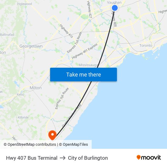 Hwy 407 Bus Terminal to City of Burlington map