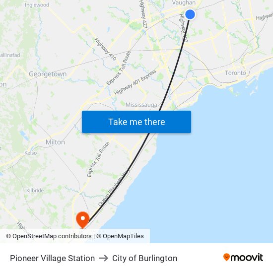 Pioneer Village Station to City of Burlington map