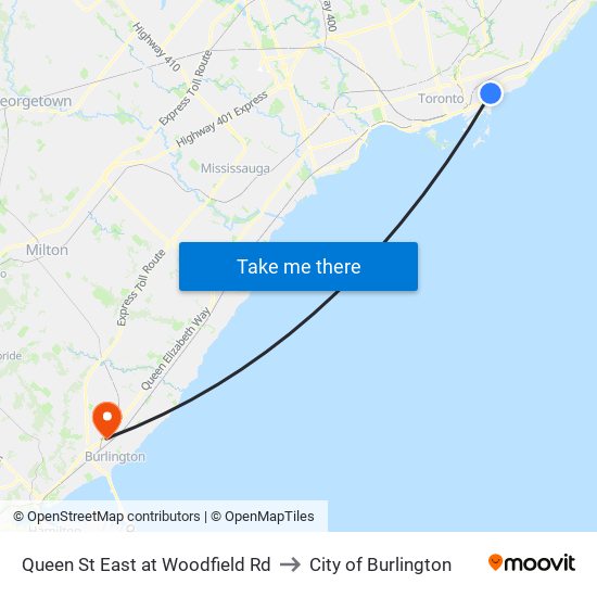 Queen St East at Woodfield Rd to City of Burlington map