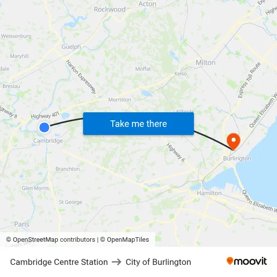 Cambridge Centre Station to City of Burlington map