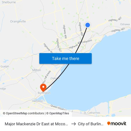 Major Mackenzie Dr East at Mccowan Rd to City of Burlington map