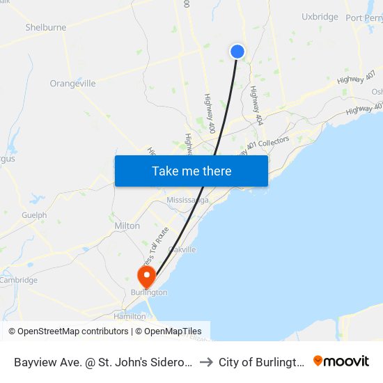 Bayview Ave. @ St. John's Sideroad to City of Burlington map