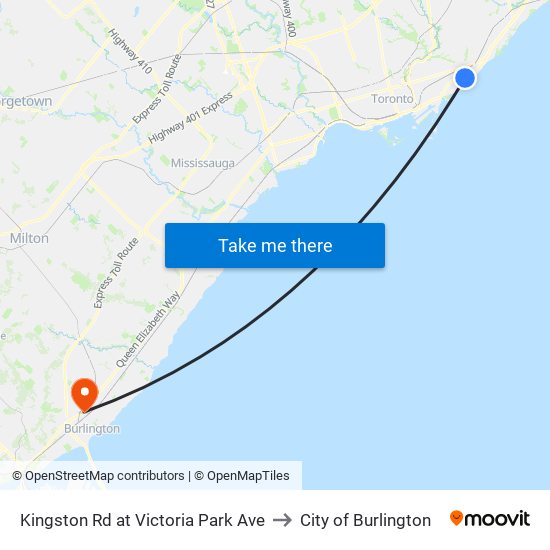 Kingston Rd at Victoria Park Ave to City of Burlington map