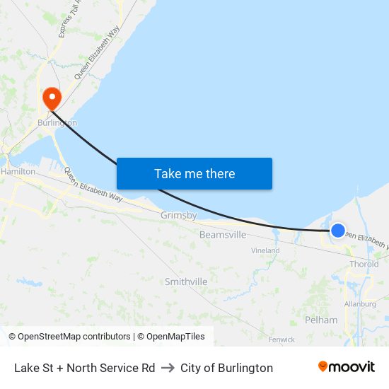 Lake St + North Service Rd to City of Burlington map