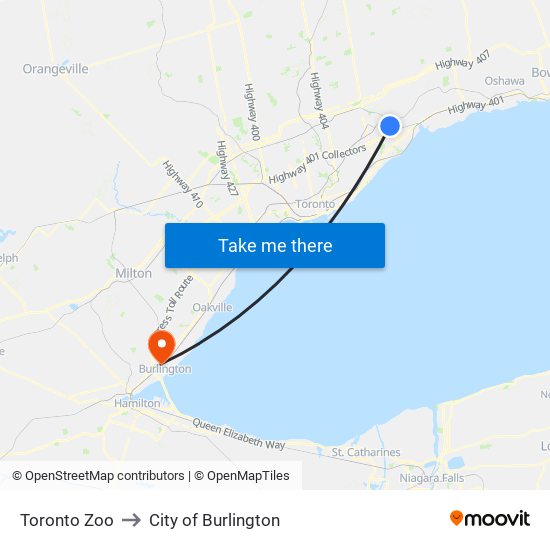 Toronto Zoo to City of Burlington map