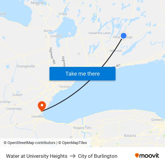 Water at University Heights to City of Burlington map