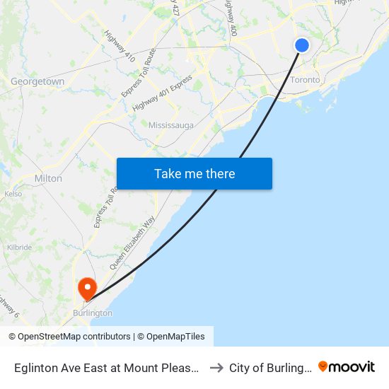 Eglinton Ave East at Mount Pleasant Rd to City of Burlington map