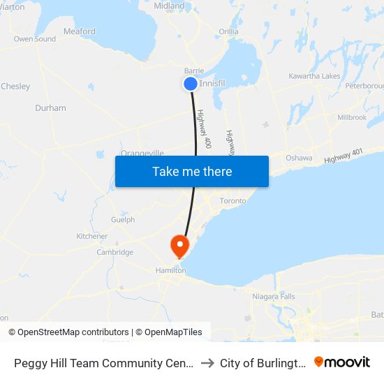 Peggy Hill Team Community Centre to City of Burlington map