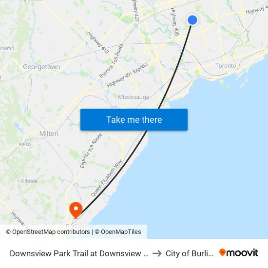 Downsview Park Trail at Downsview Park Station to City of Burlington map