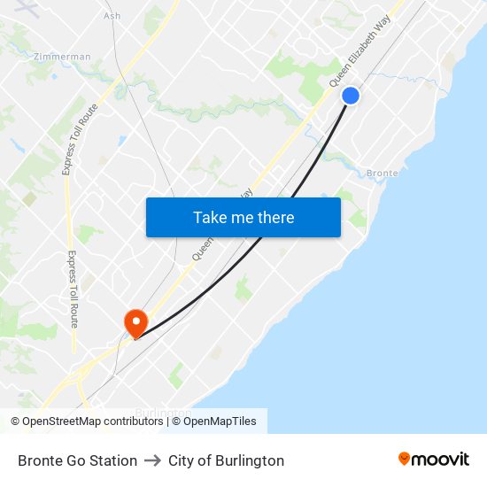 Bronte Go Station to City of Burlington map