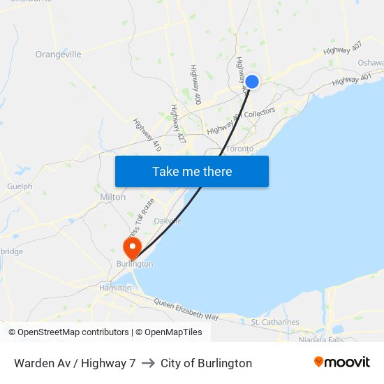 Warden Av / Highway 7 to City of Burlington map