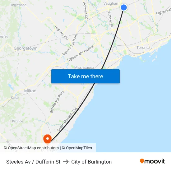 Steeles Av / Dufferin St to City of Burlington map