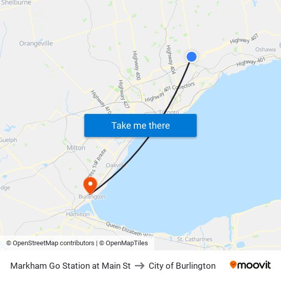 Markham Go Station at Main St to City of Burlington map